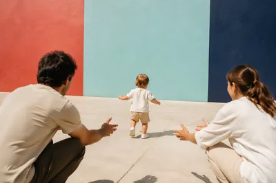 Toddler First Steps in Sunlit Courtyard