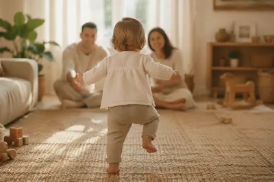 Toddler First Steps in Sunlit Living Room