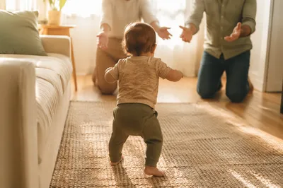 Toddler First Steps in Sunlit Living Room