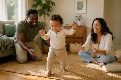 Toddler First Steps in Sunlit Living Room