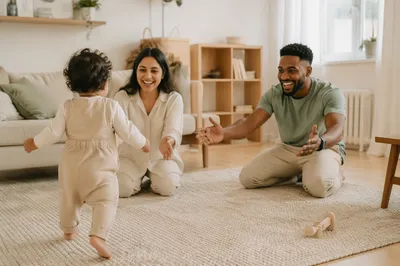 Toddler Taking First Steps to Parents