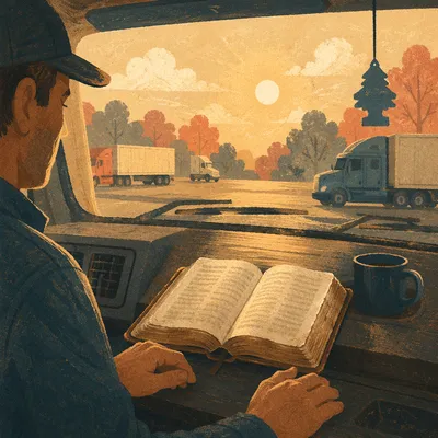 Open Bible on Trucker Dashboard at Rest Stop