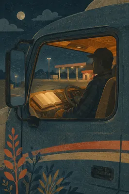 Truck Driver Reading Bible at Rest Stop