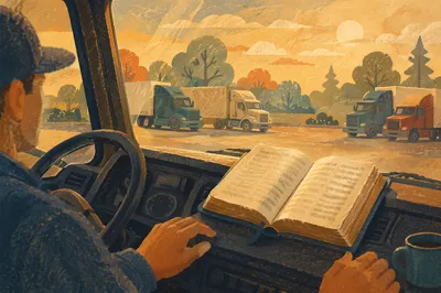 Open Bible on Truck Dashboard at Rest Stop
