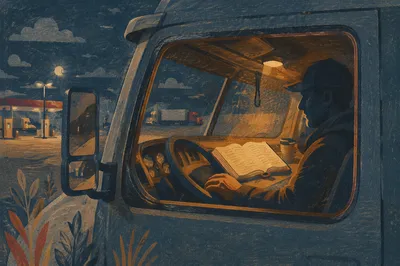 Truck Driver Praying with Bible at Rest Stop