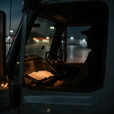 Truck Driver Praying with Bible at Night