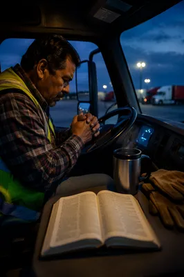 Truck Driver Contemplating Beside Open Bible