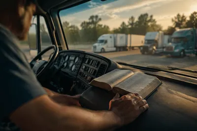 Open Bible on Trucker Dashboard at Rest Stop