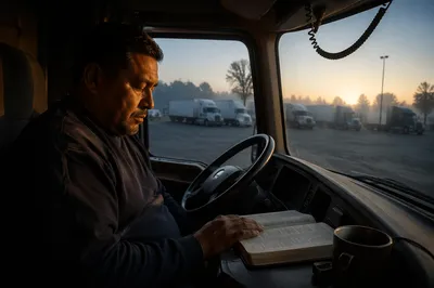 Truck Driver with Open Bible at Dawn