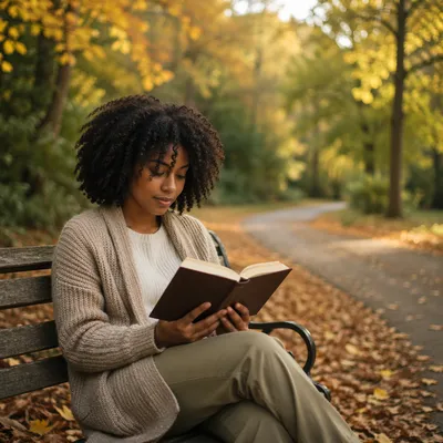 Young Woman Reading Bible on Park Bench