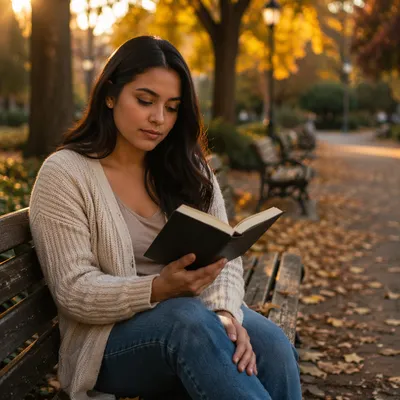 Young Woman Reading Bible in Autumn Park