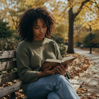 Young Woman Reading on Park Bench
