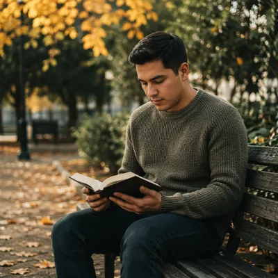 Young Man Reading Alone on Park Bench