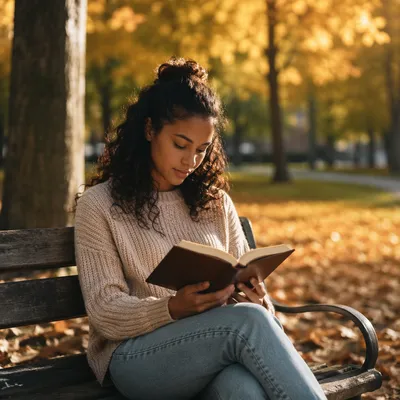 Young Woman Reading on Park Bench