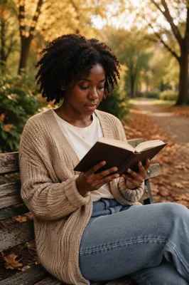 Young Woman Reading on Park Bench