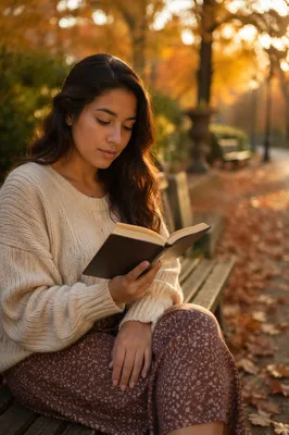 Young Woman Reading on Park Bench