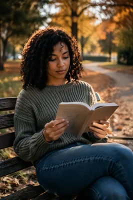 Young Woman Reading on Park Bench