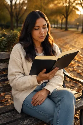 Young Woman Reading on Park Bench