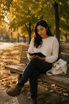 Young Woman Reading on Park Bench