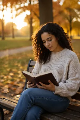 Young Woman Reading on Park Bench