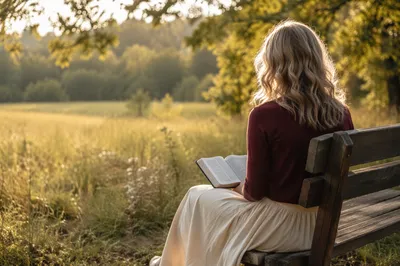 Young Adult Reading Bible on Park Bench