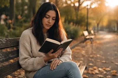 Young Woman Reading on Park Bench