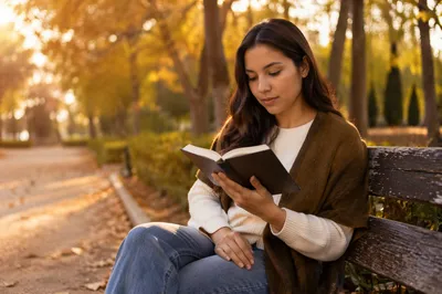 Young Woman Reading Alone on Park Bench