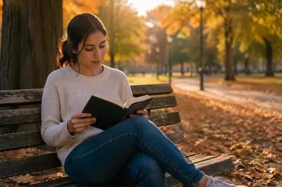 Young Woman Reading Bible on Park Bench