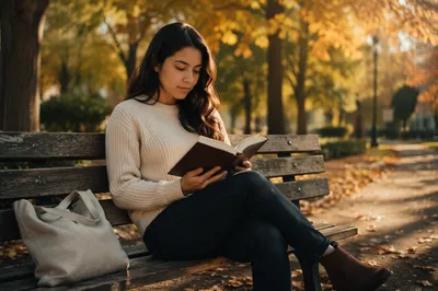 Young Woman Reading Bible on Park Bench