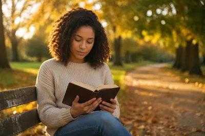 Young Woman Reading on Park Bench