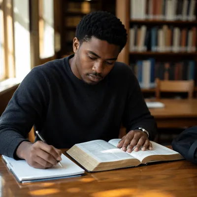 University Student Reading Bible in Library