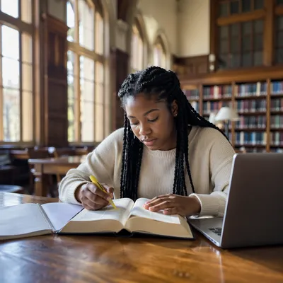 University Student Reading Bible in Library