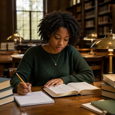 Student Reading Bible in University Library