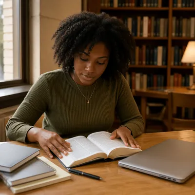Graduate Student Reading Bible in Library