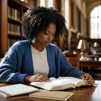 University Student Reading Bible in Library