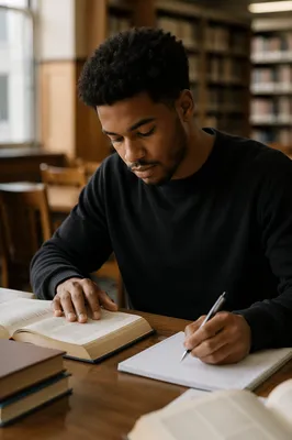 University Student Reading Bible in Library