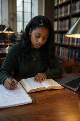 University Student Reading Bible in Library