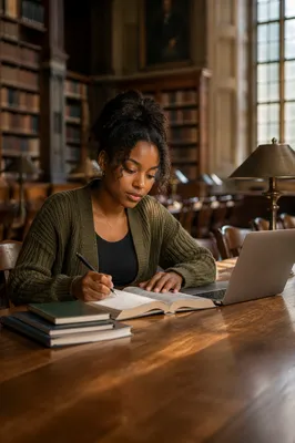 University Student Studying Bible in Library
