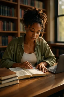 Graduate Student Reading Bible in Library