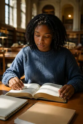 University Student Reading Bible in Library