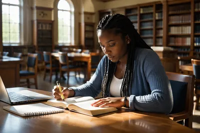 University Student Reading Bible in Library