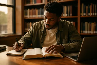 University Student Reading Bible in Library