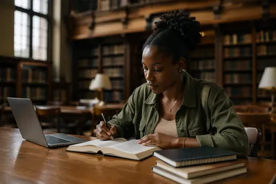University Student Reading Bible in Library
