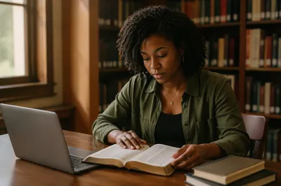 Graduate Student Reading Bible in Library