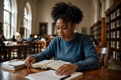University Student Reading Bible in Library