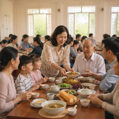 Vietnamese Families Sharing Meal in Community Hall