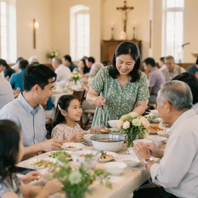Vietnamese Families Sharing Meal in Parish Hall