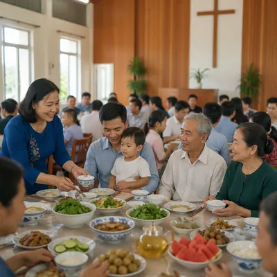 Vietnamese Families Sharing Meal in Community Hall