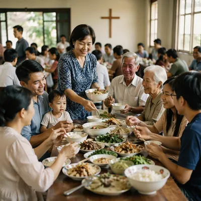 Vietnamese Families Sharing Meal in Community Hall
