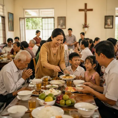 Vietnamese Families Sharing Meal in Parish Hall